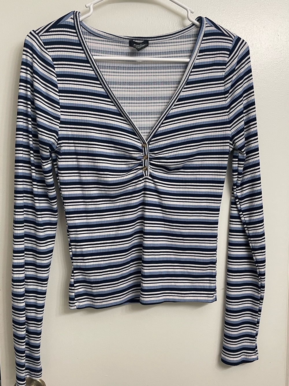Rue21 Navy and White Striped Long-Sleeve V-Neck Top